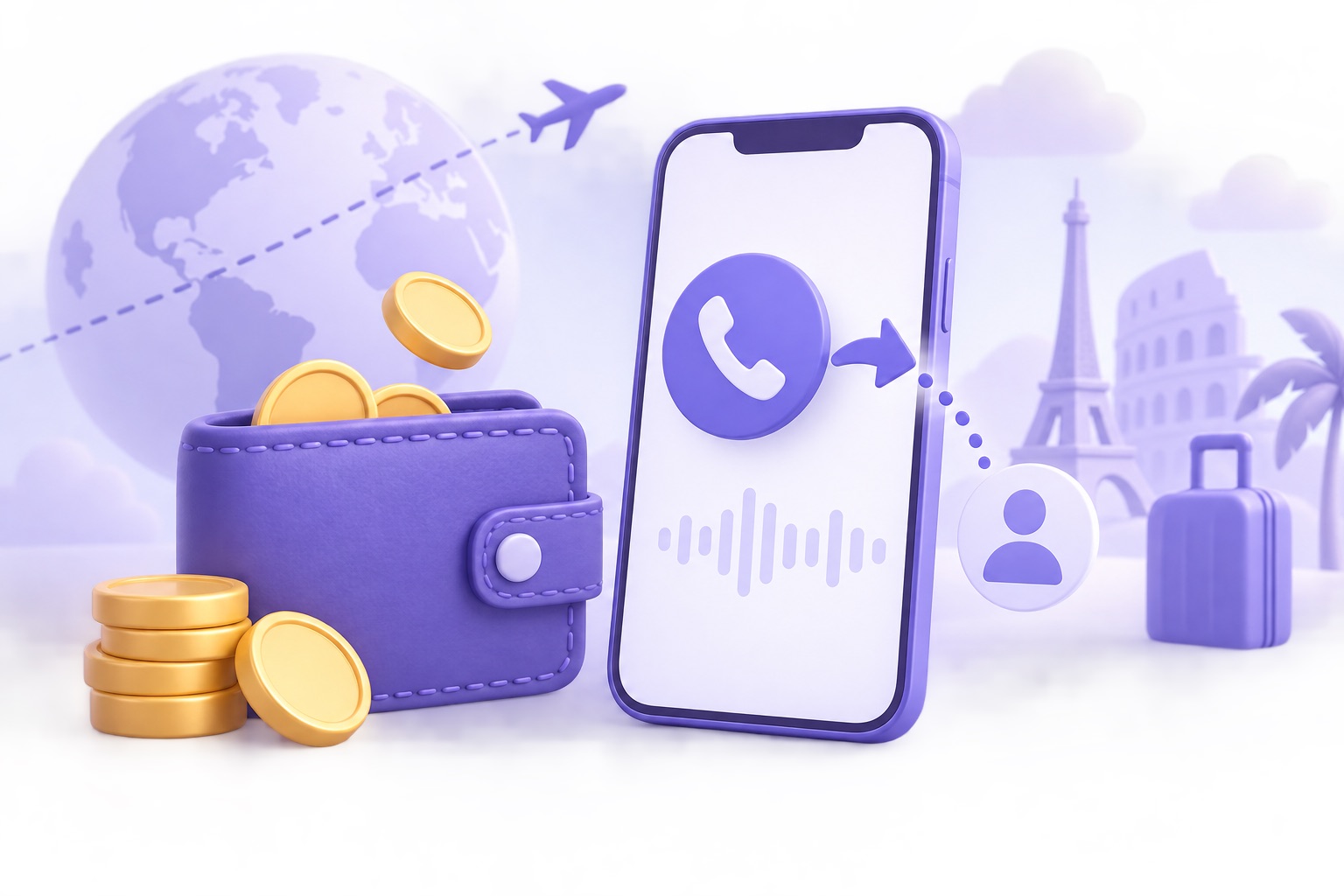 A wallet icon with coins next to a phone showing a forwarded call
