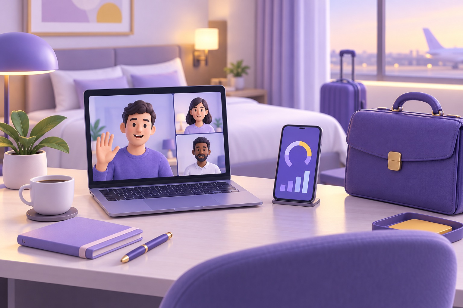 A hotel desk with a laptop video call