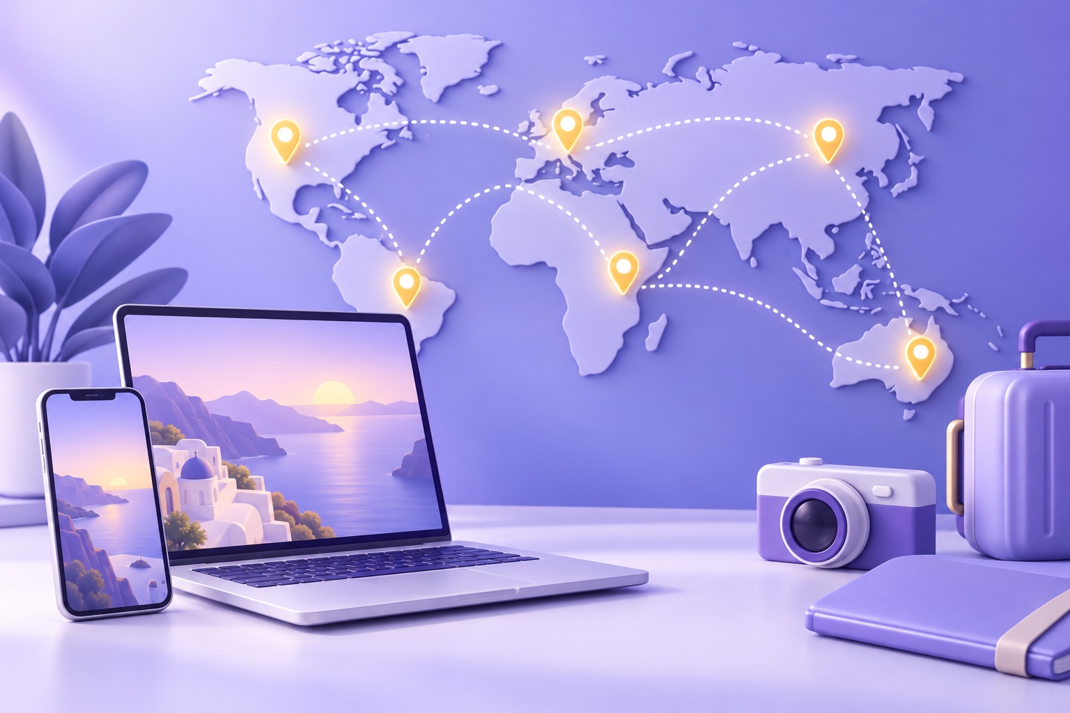 A world map with several glowing pins connected by dotted lines