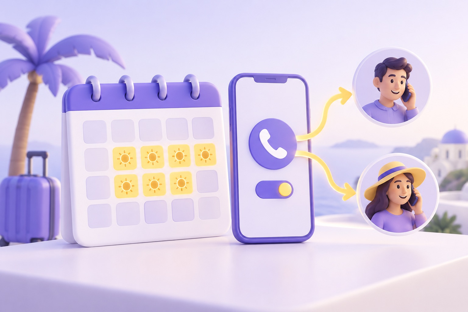 A calendar with working hours highlighted and a phone forwarding calls only during those hours
