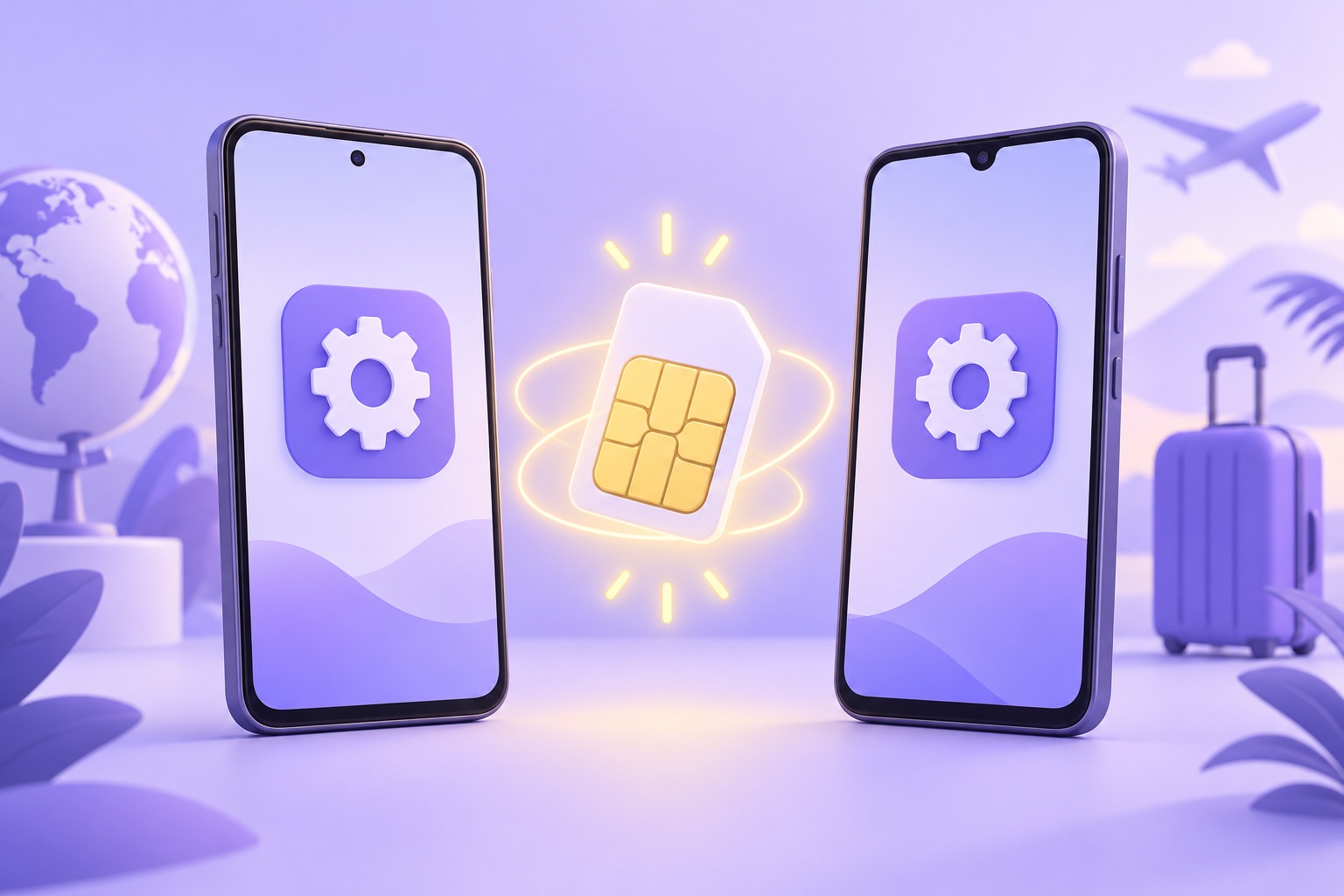 Two different generic Android phones side by side with settings gear icons and a glowing SIM chip between them