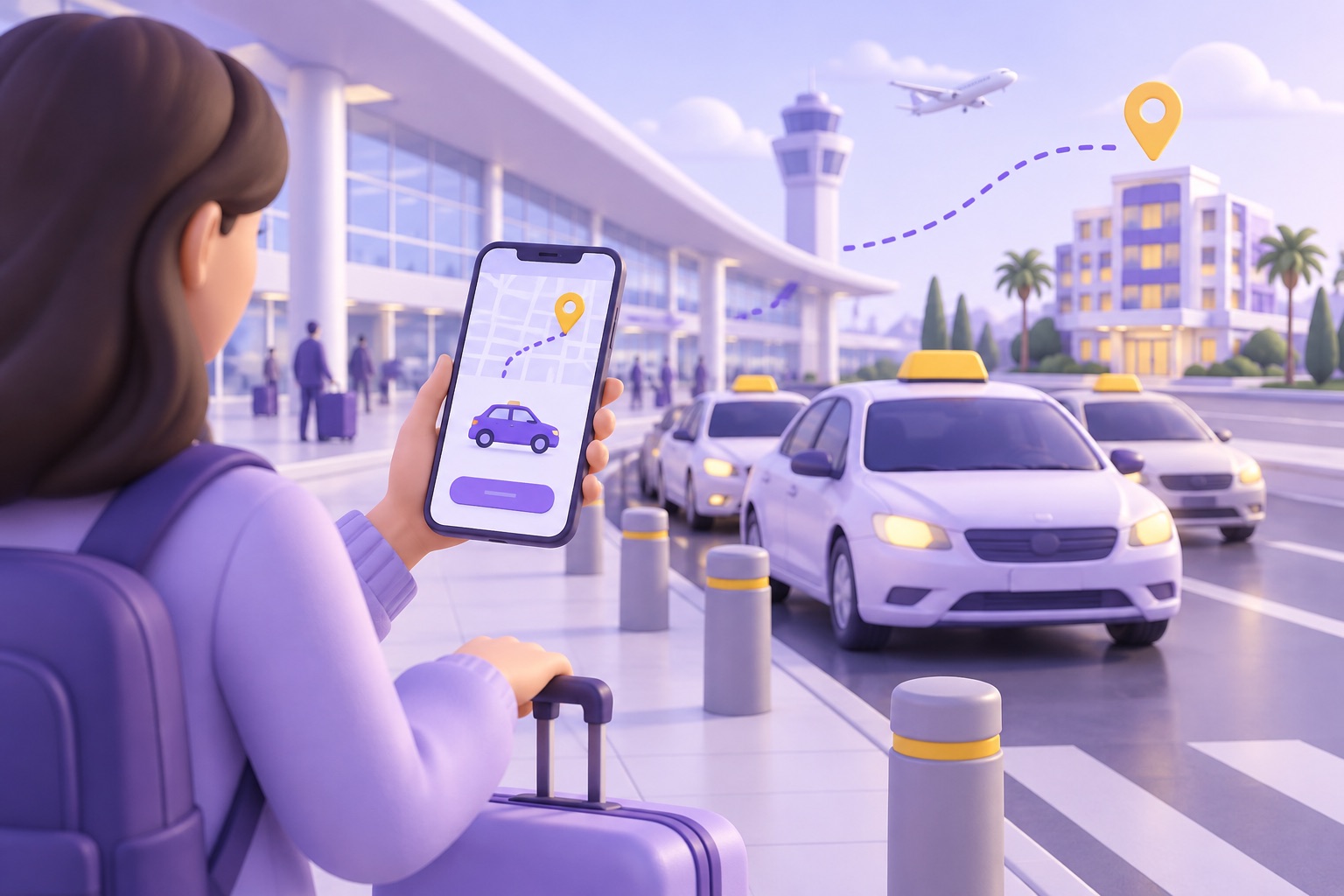A taxi rank outside an airport with a traveller's phone showing a ride booking and a map pin to a hotel
