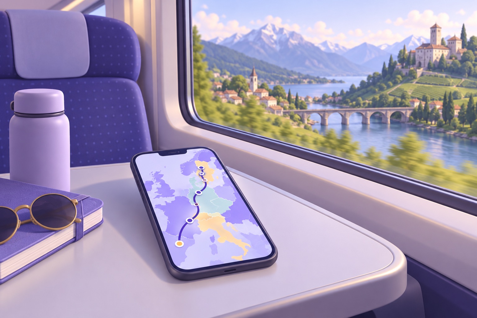 A train window view of rolling European countryside