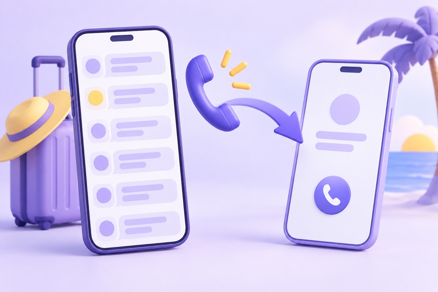 A phone inbox of messages and a call being forwarded to a second phone