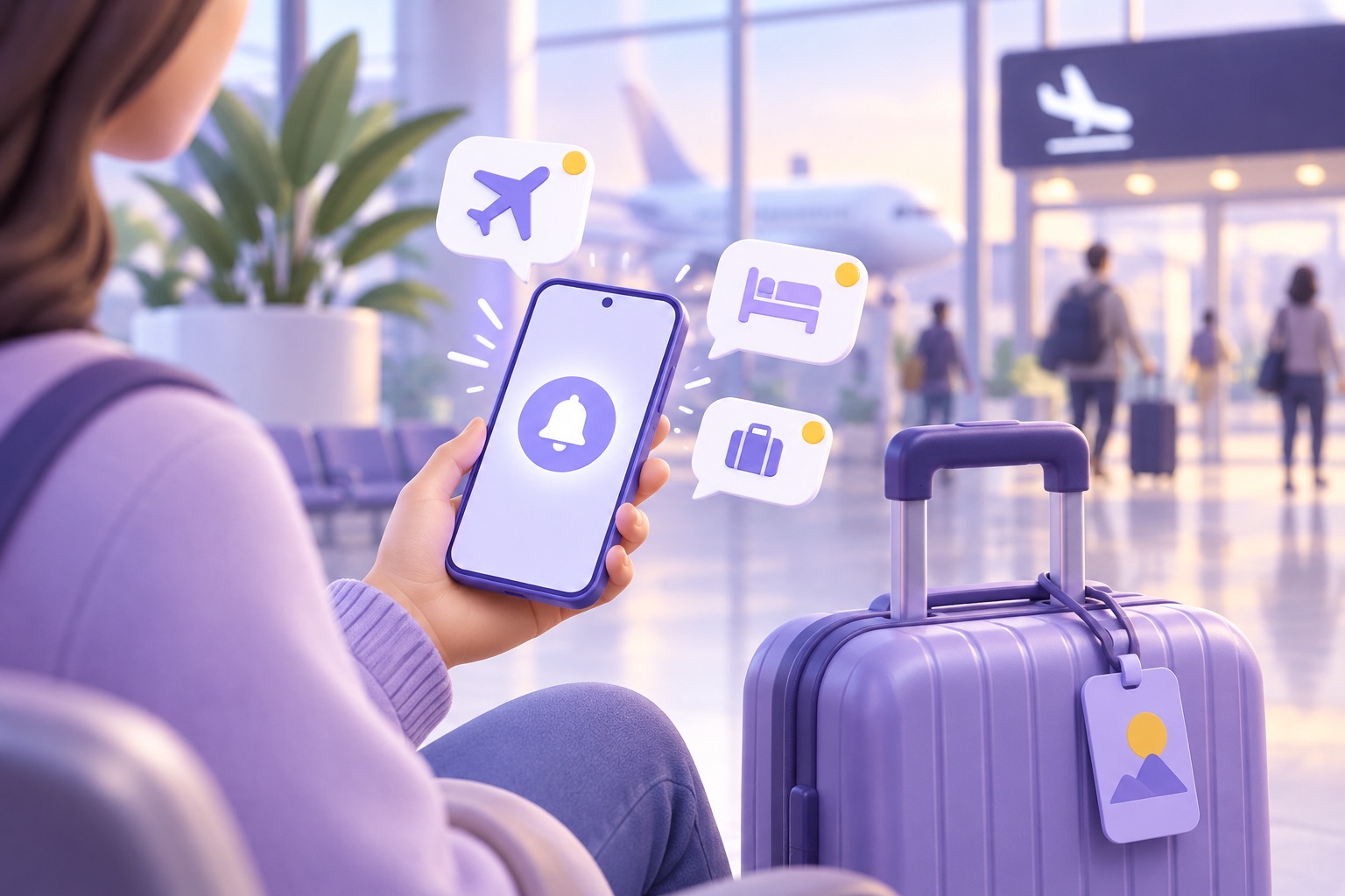 A traveller at an airport checking notifications on their phone next to a suitcase
