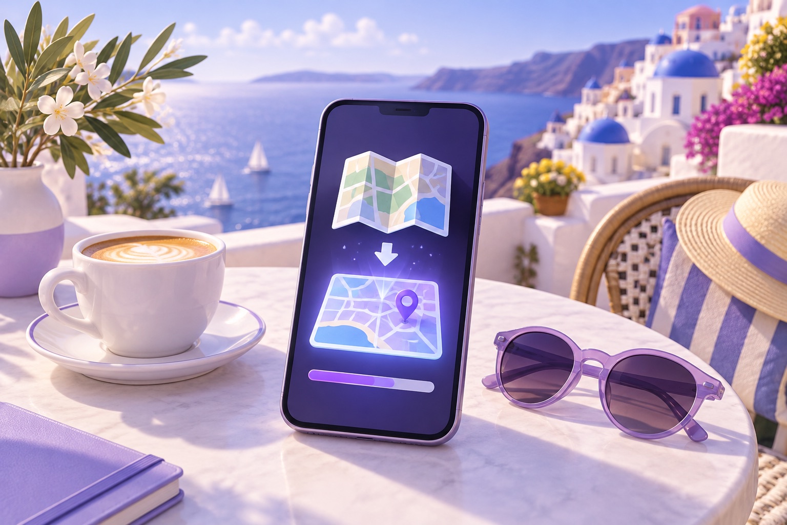 A phone downloading an offline map at a café table by the sea