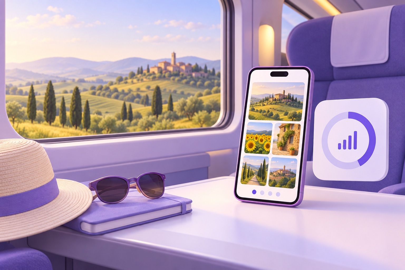 A train compartment with a window view of Tuscan hills
