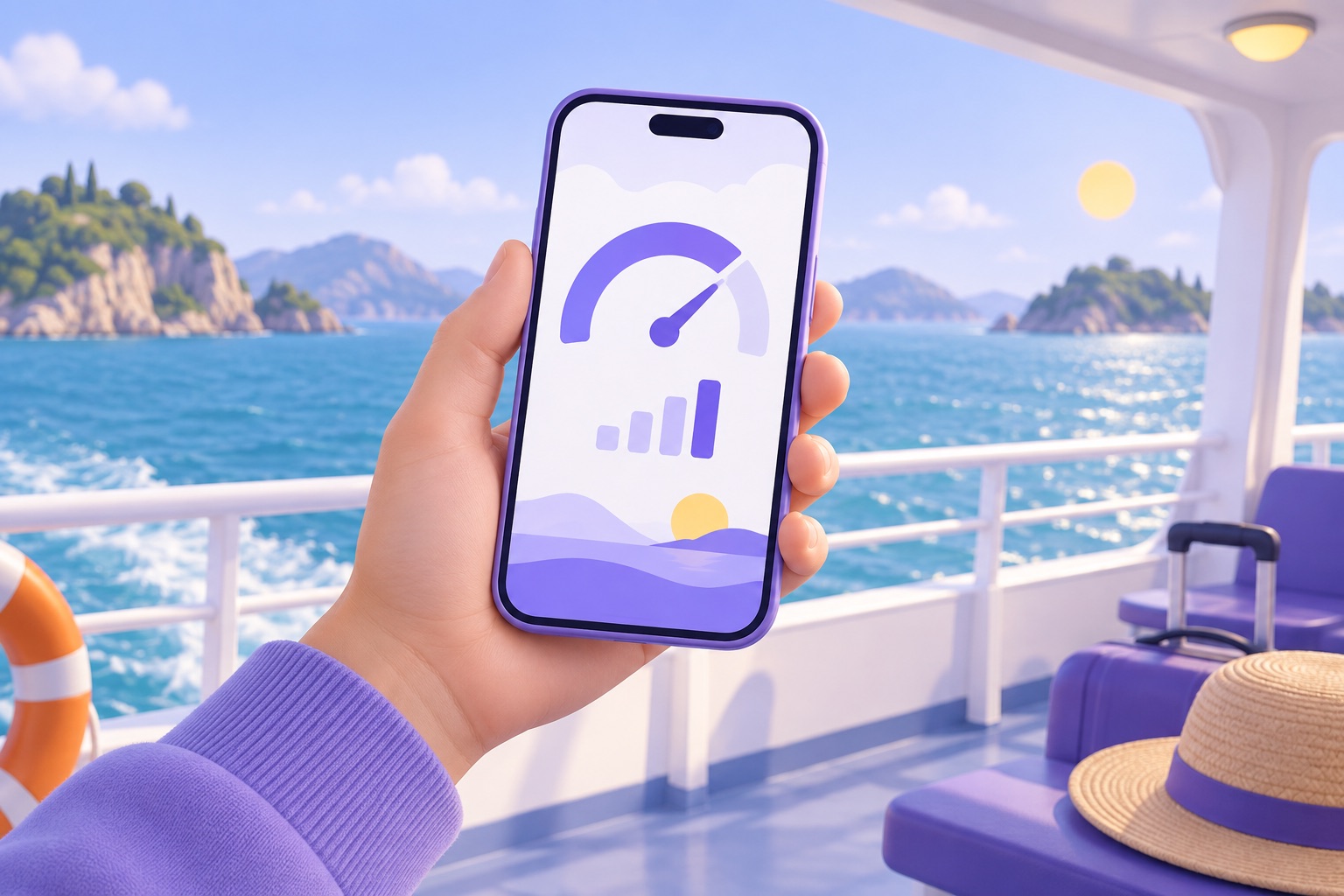 A traveller's hand holding a phone on a ferry deck with turquoise sea and islands behind
