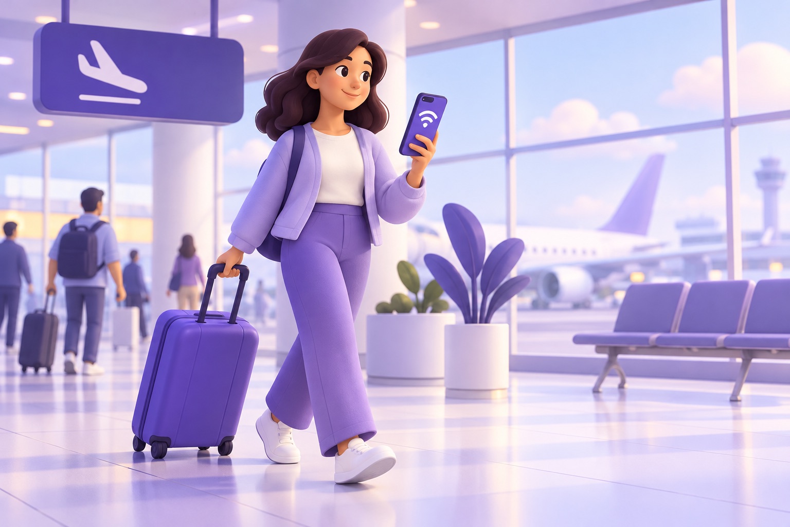 An airport arrivals hall with a traveller pulling a suitcase