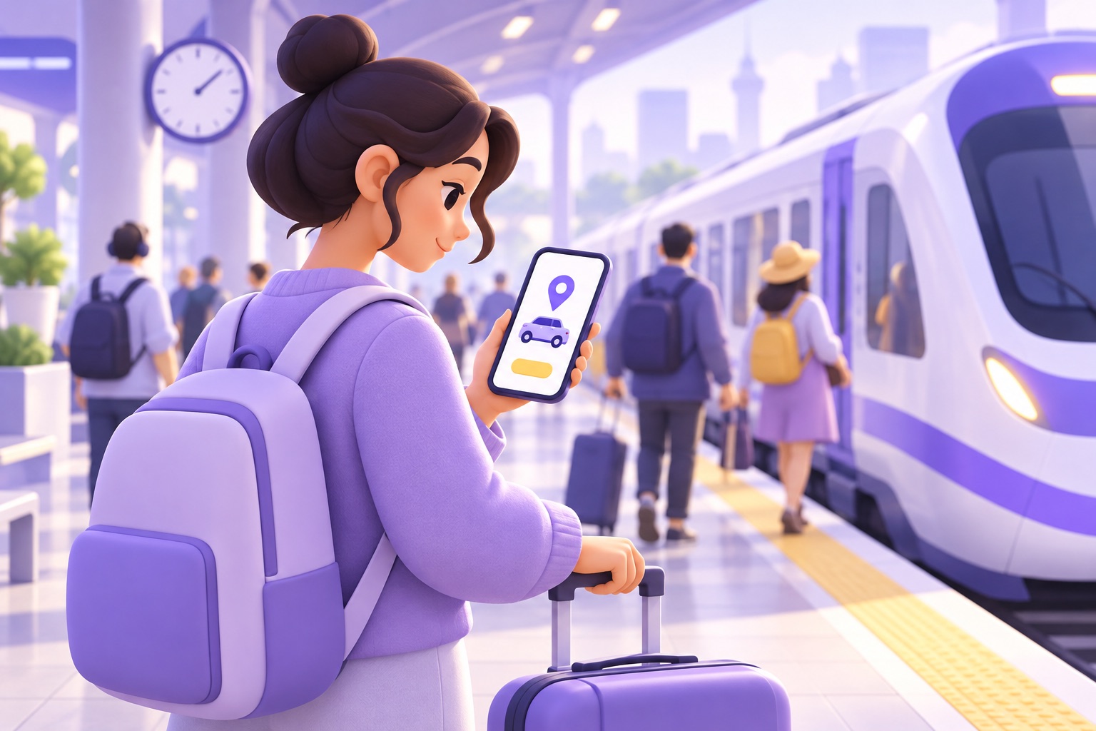 A busy station platform with a train