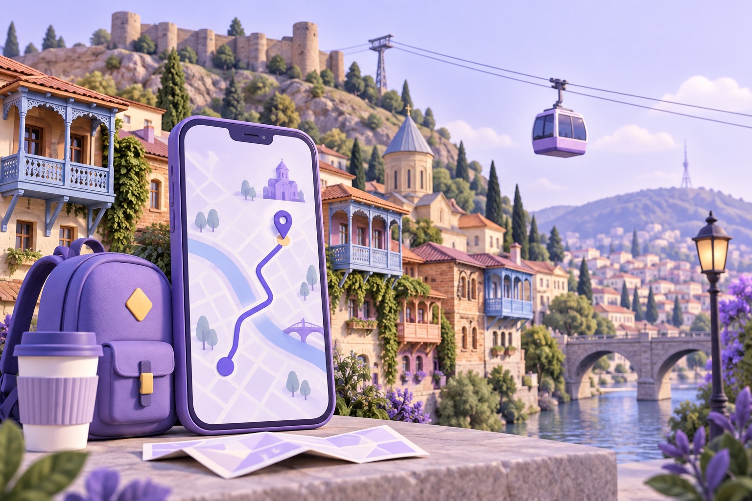 A Tbilisi-inspired old town with wooden balconies and a cable car