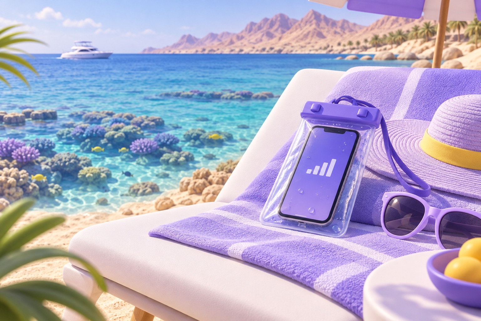 A Red Sea beach scene with clear water and coral shapes