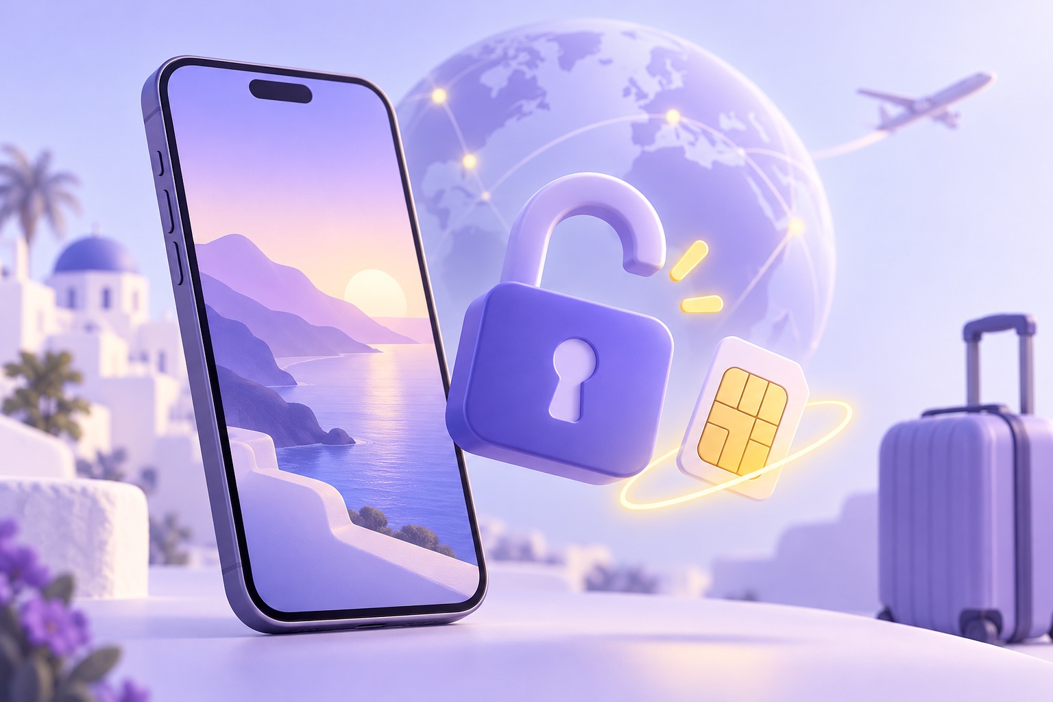 An unlocked padlock and eSIM chip beside a smartphone, showing an unlocked phone