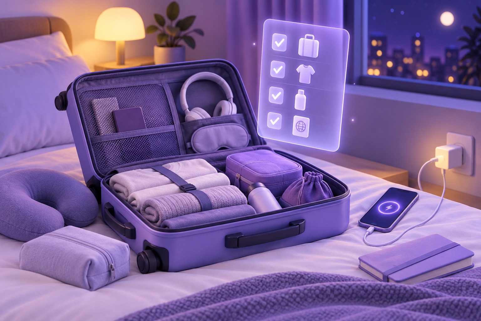 A suitcase being packed at night with a phone charging and a glowing checklist hologram above it