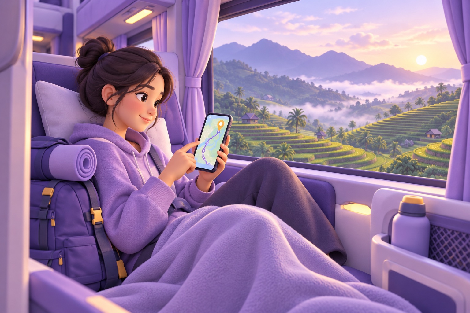 A backpacker on a sleeper bus seat checking a phone with a route map