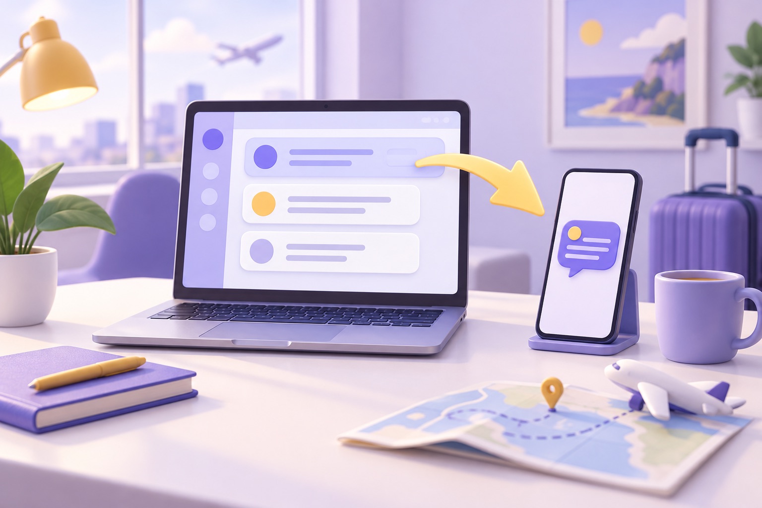 A laptop dashboard with an inbox of message bubbles and a call-forwarding arrow to a phone