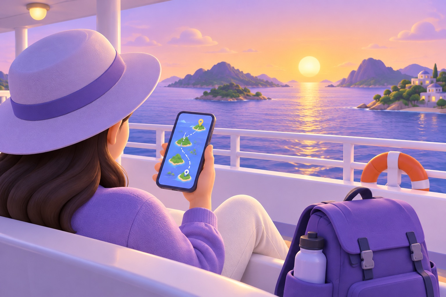 A ferry deck at sunset with a traveller's phone showing an island-hopping route