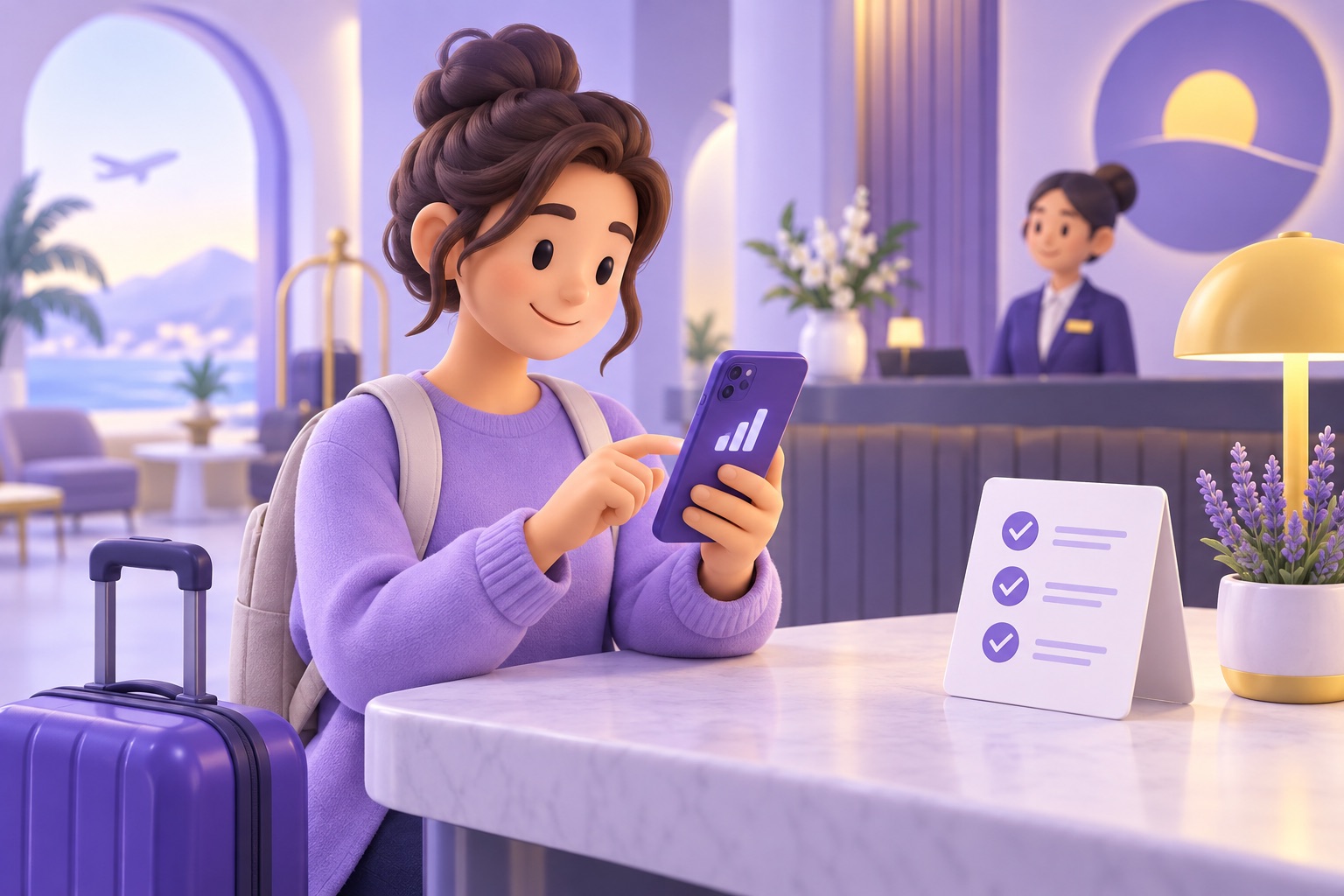 A traveller at a hotel desk calmly adjusting phone settings