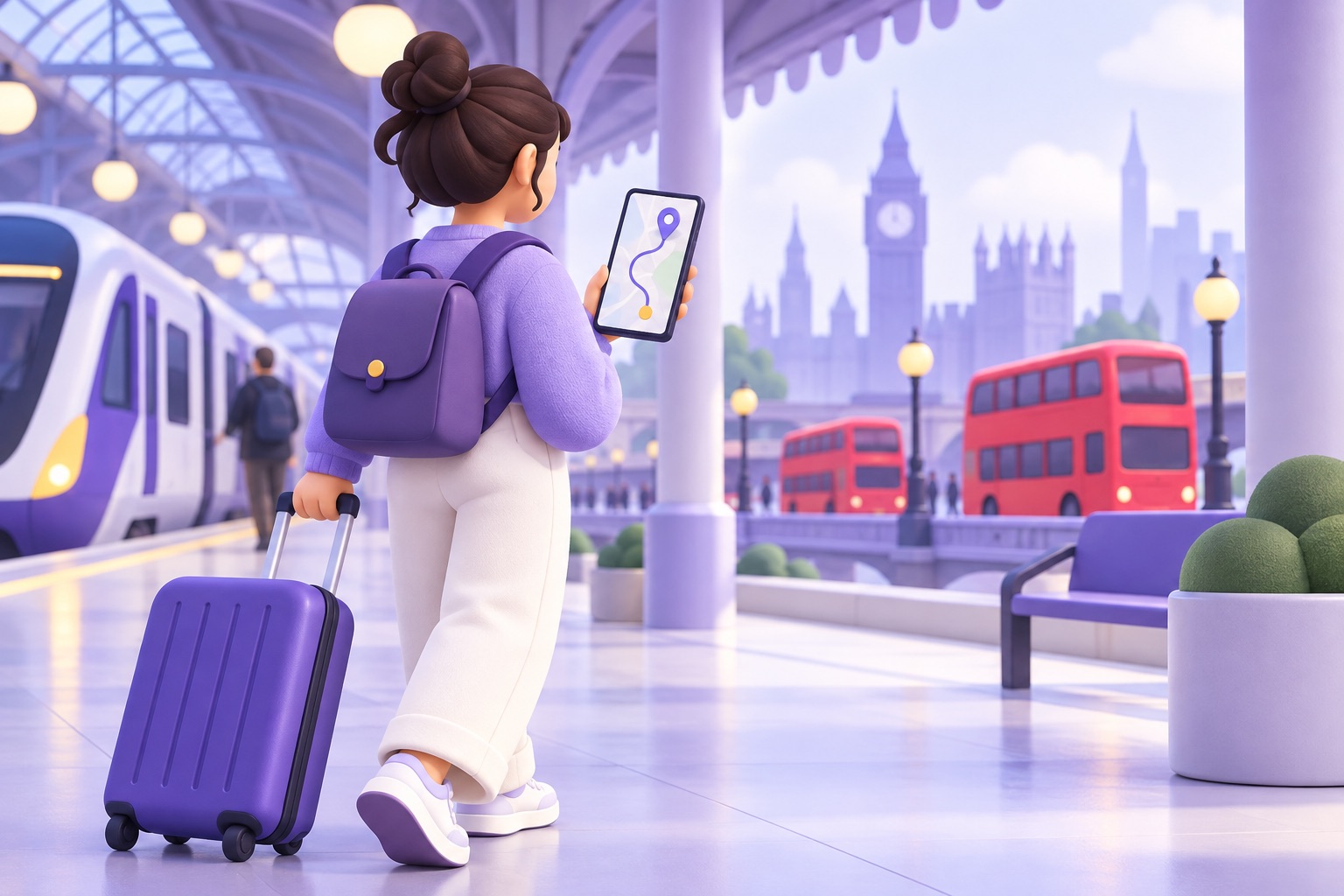 A traveller arriving at a UK train station with a suitcase