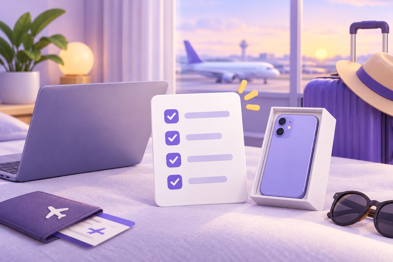 A checklist card with check marks next to a laptop and a new phone box