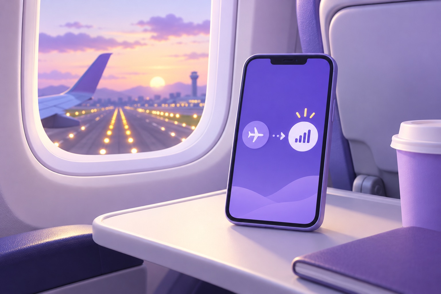 An airplane window at landing with a phone on the tray table switching from airplane mode to a connected signal icon
