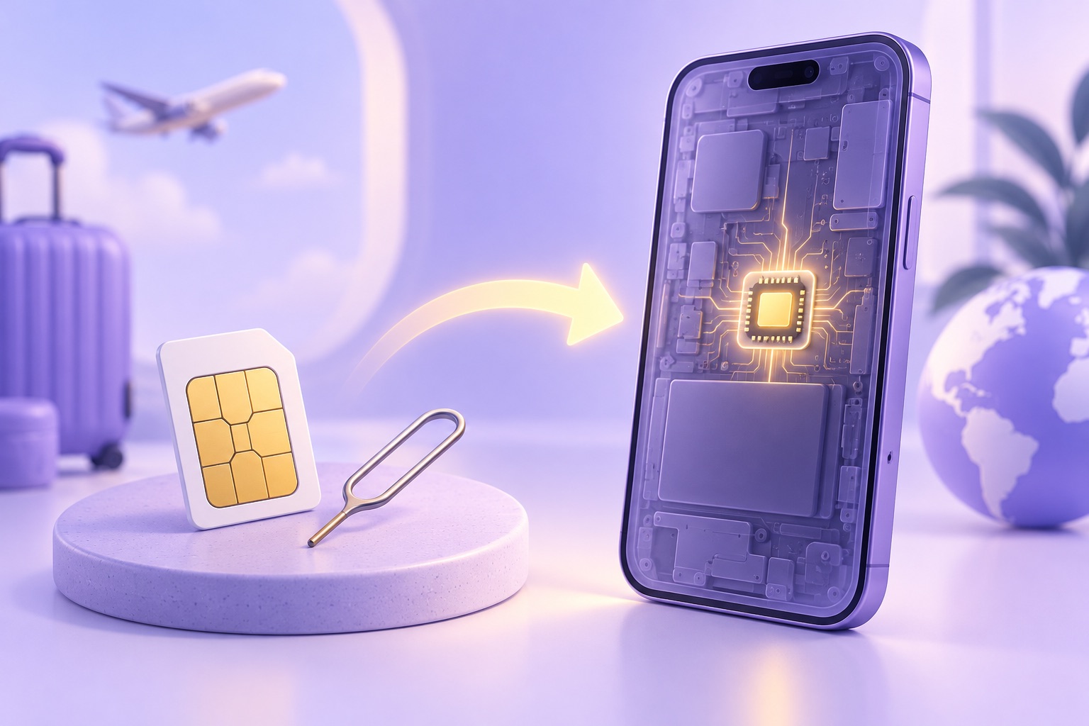 A physical SIM card and ejector pin next to a phone with a built-in eSIM chip