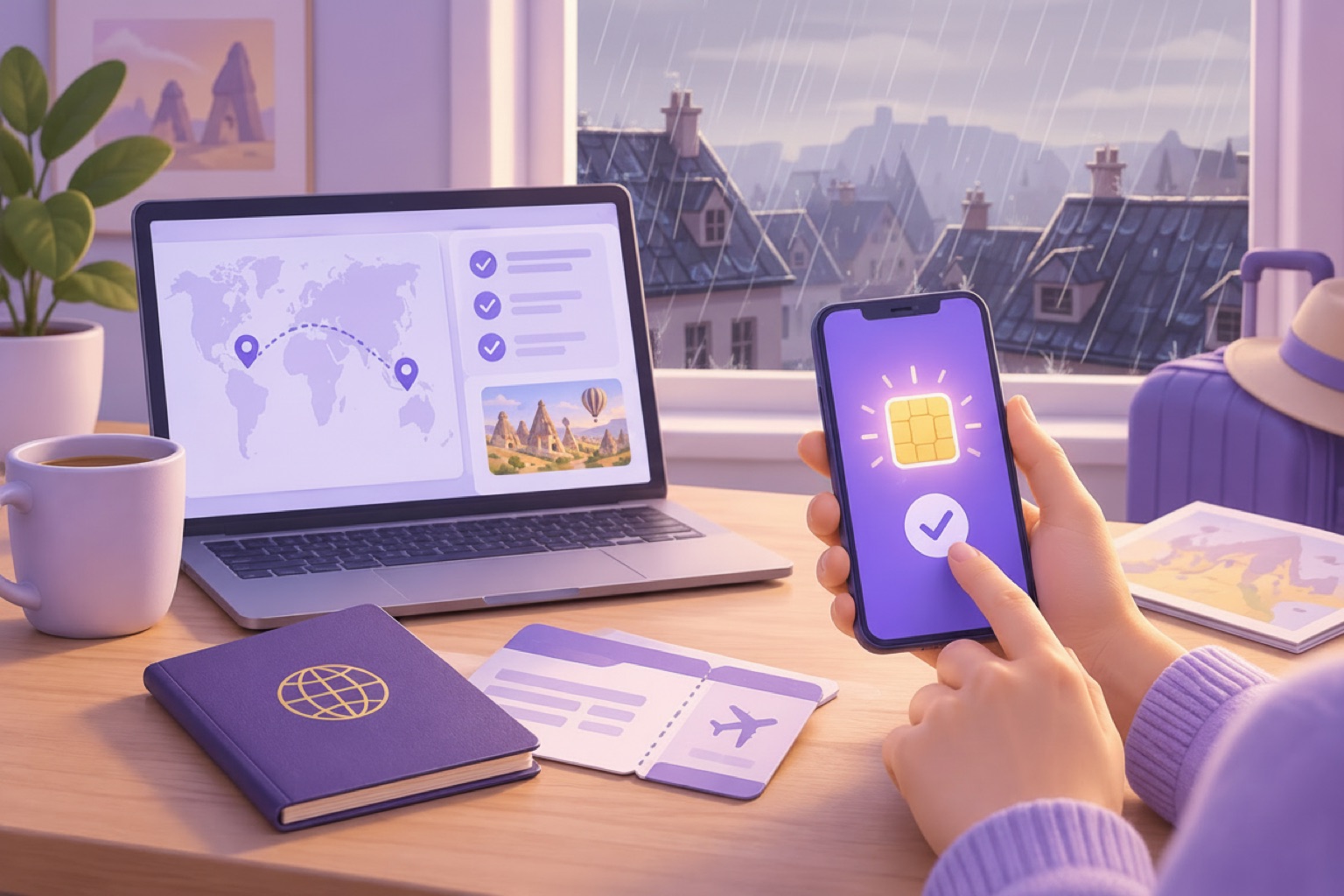 Someone setting up a travel eSIM on their phone at home before a trip to Turkey