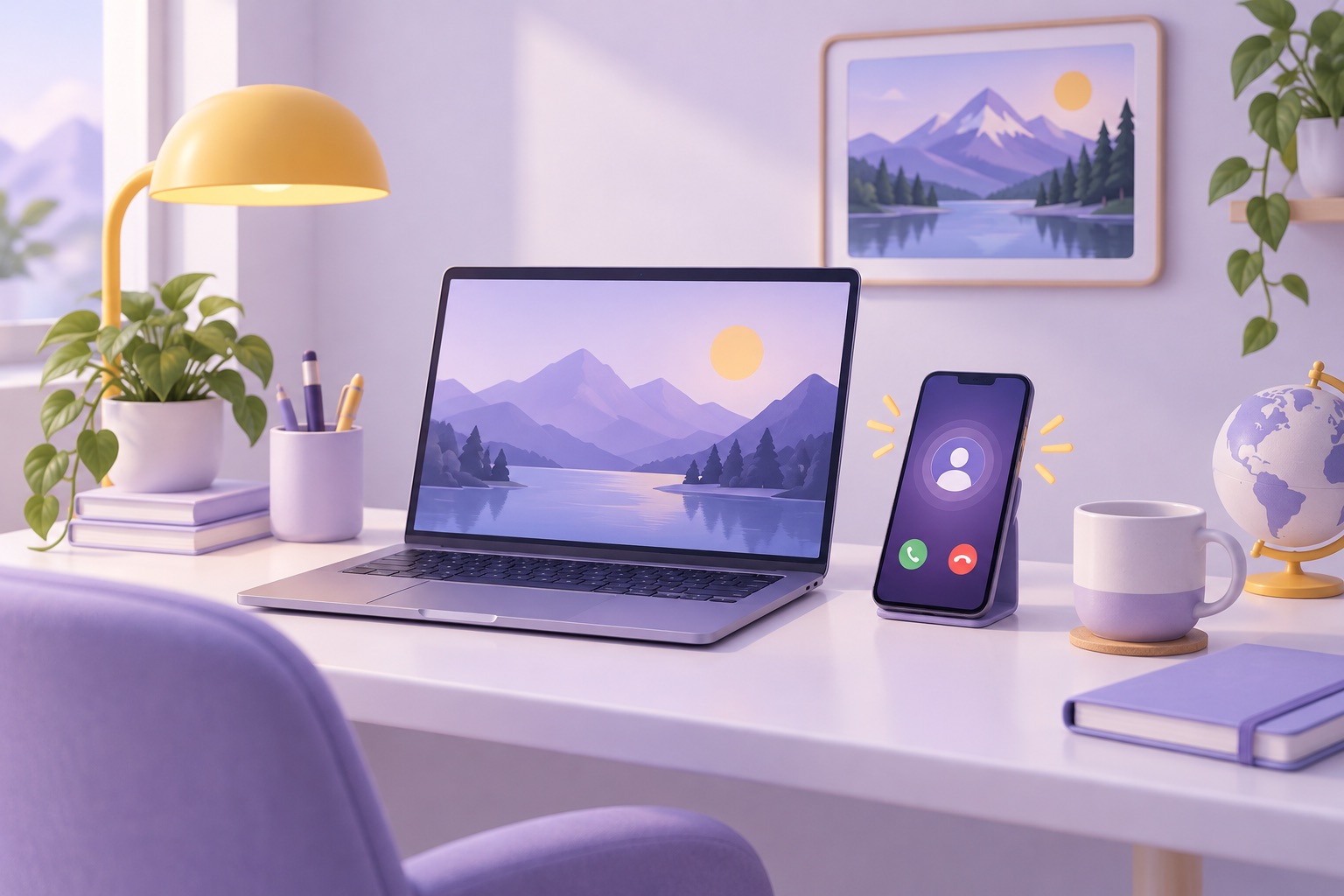 A home office desk with a laptop and phone receiving a call