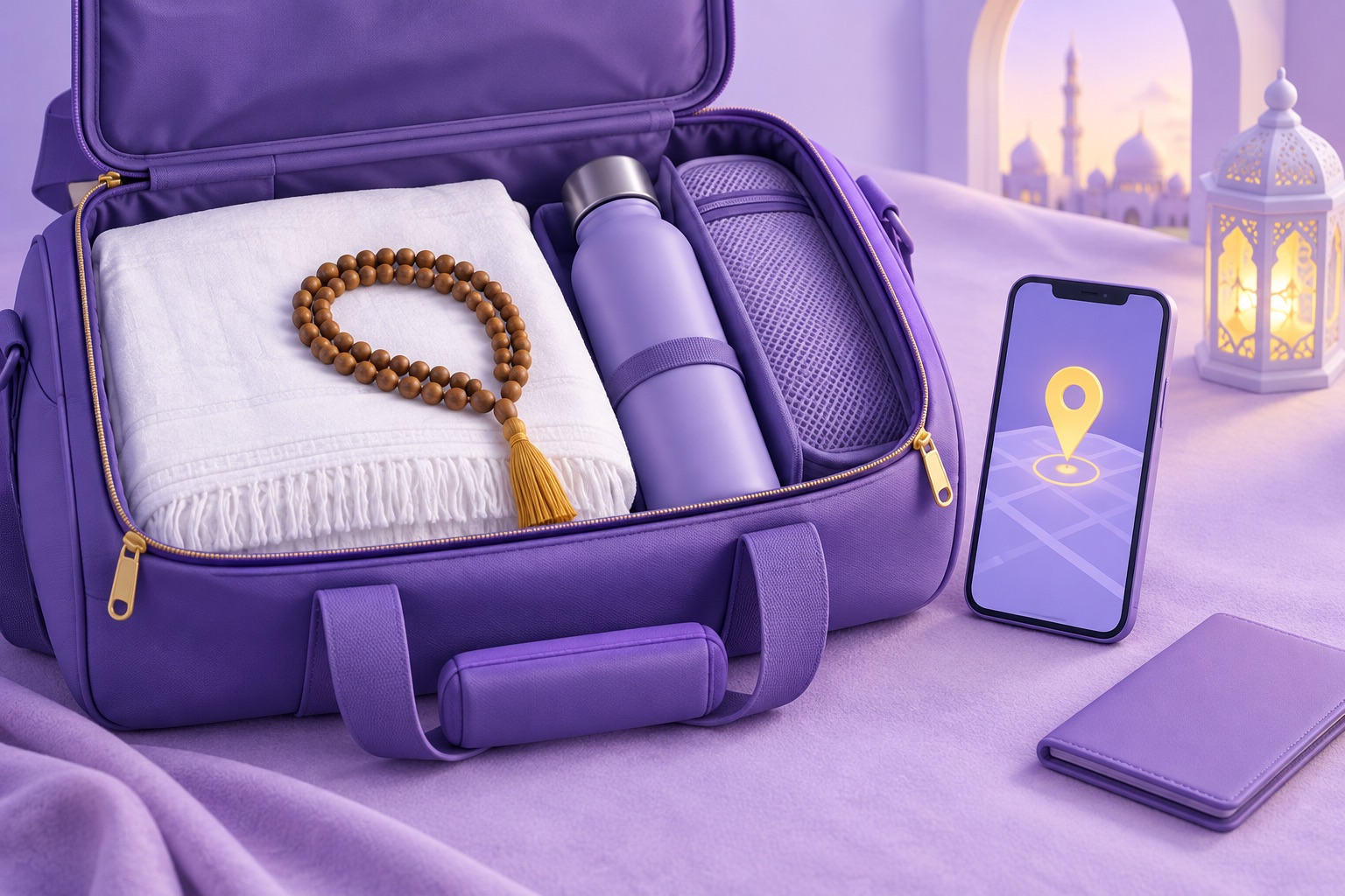 A packed travel bag with white cloth, prayer beads and a phone showing a location pin