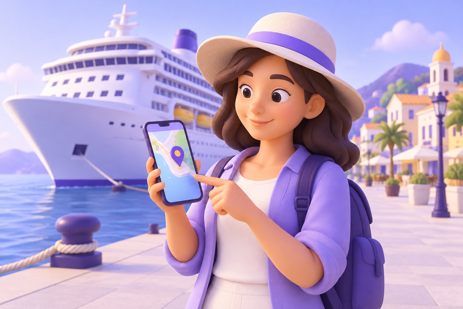 A cruise passenger on a port quay with the ship behind