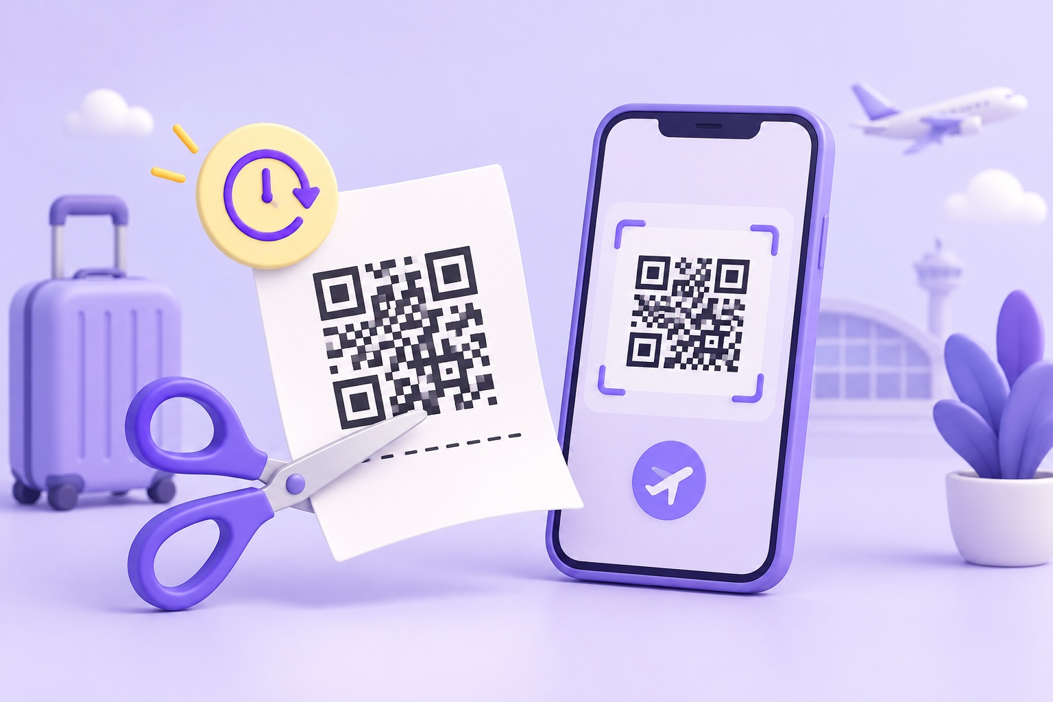 A QR code printed on paper with a pair of scissors and a small 'one time' style symbol