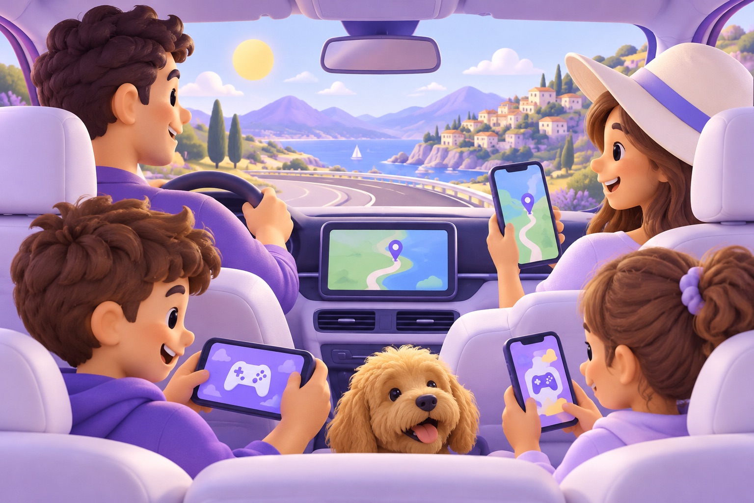 A family car on a holiday road trip with phones showing maps and games icons