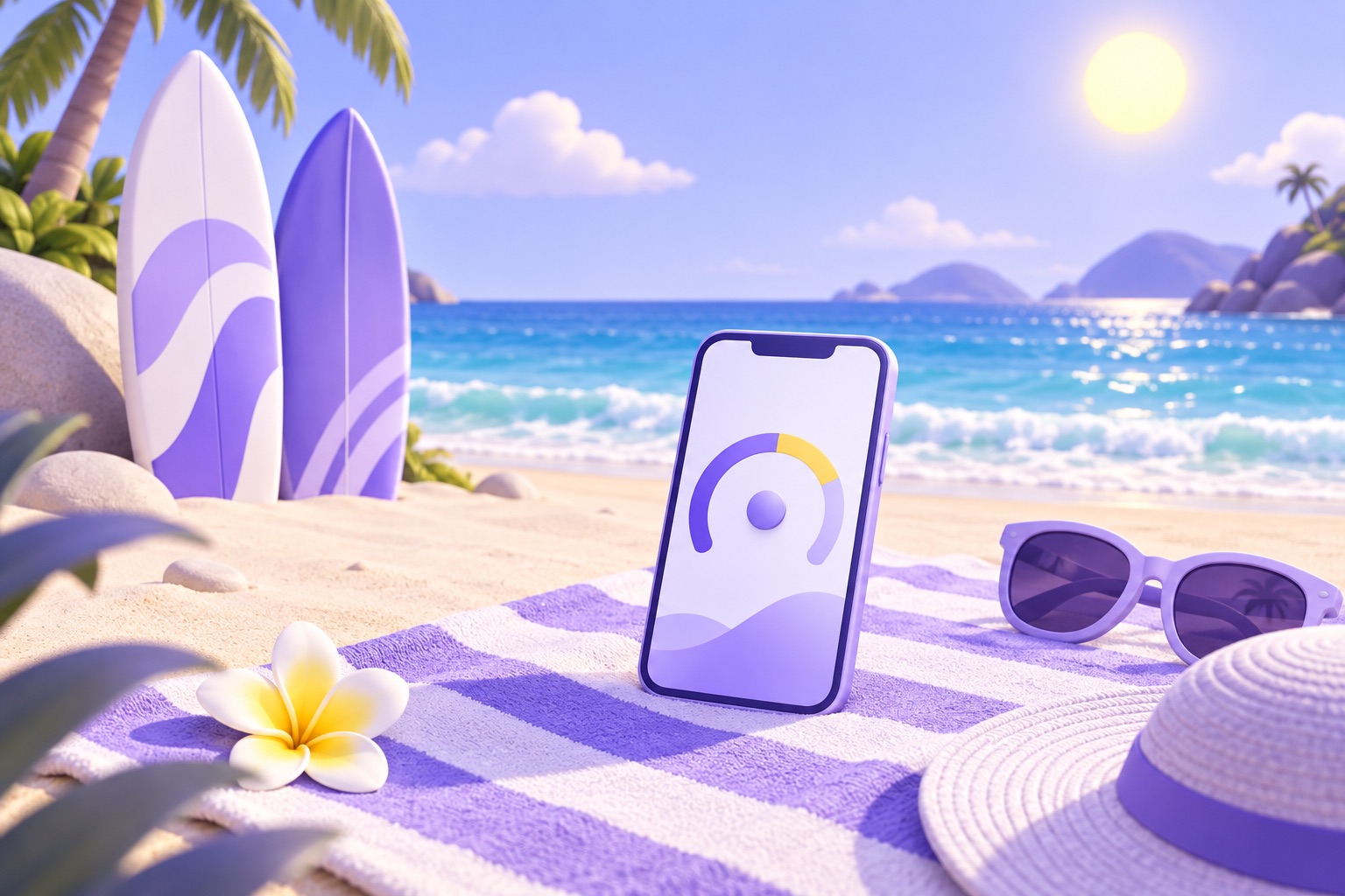 A beach with surfboards and a phone showing a data gauge on a towel