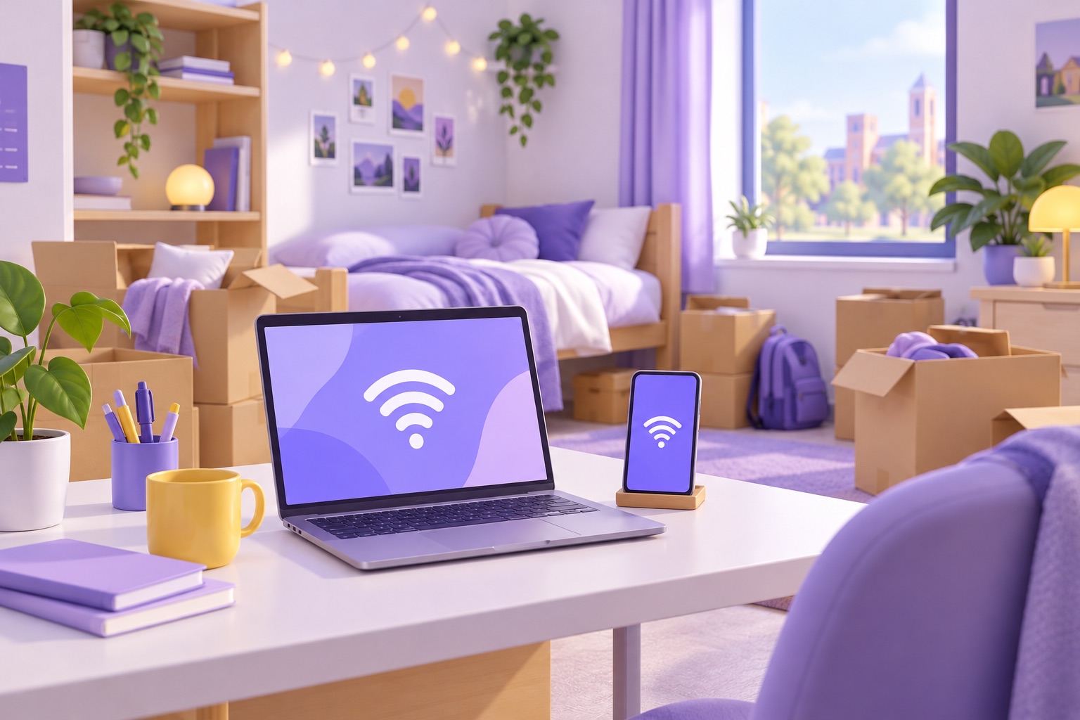A student's new dorm room with unpacked boxes
