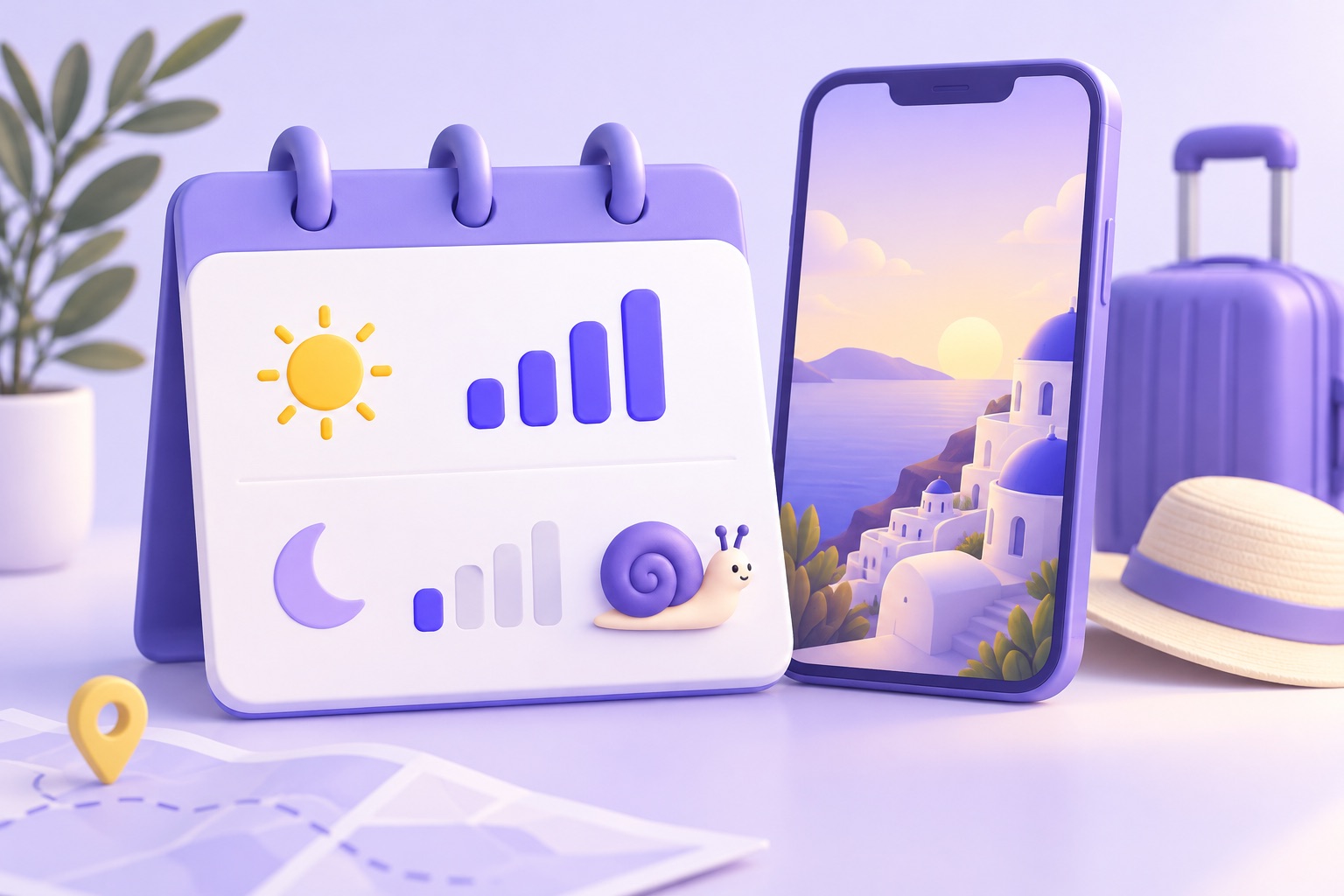 A daily calendar card with a full data bar at the start of the day and a slower snail-speed icon later