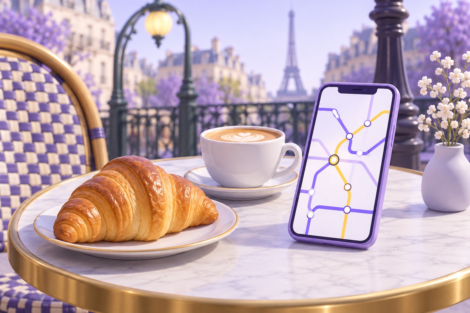 A Parisian café table with a croissant and coffee