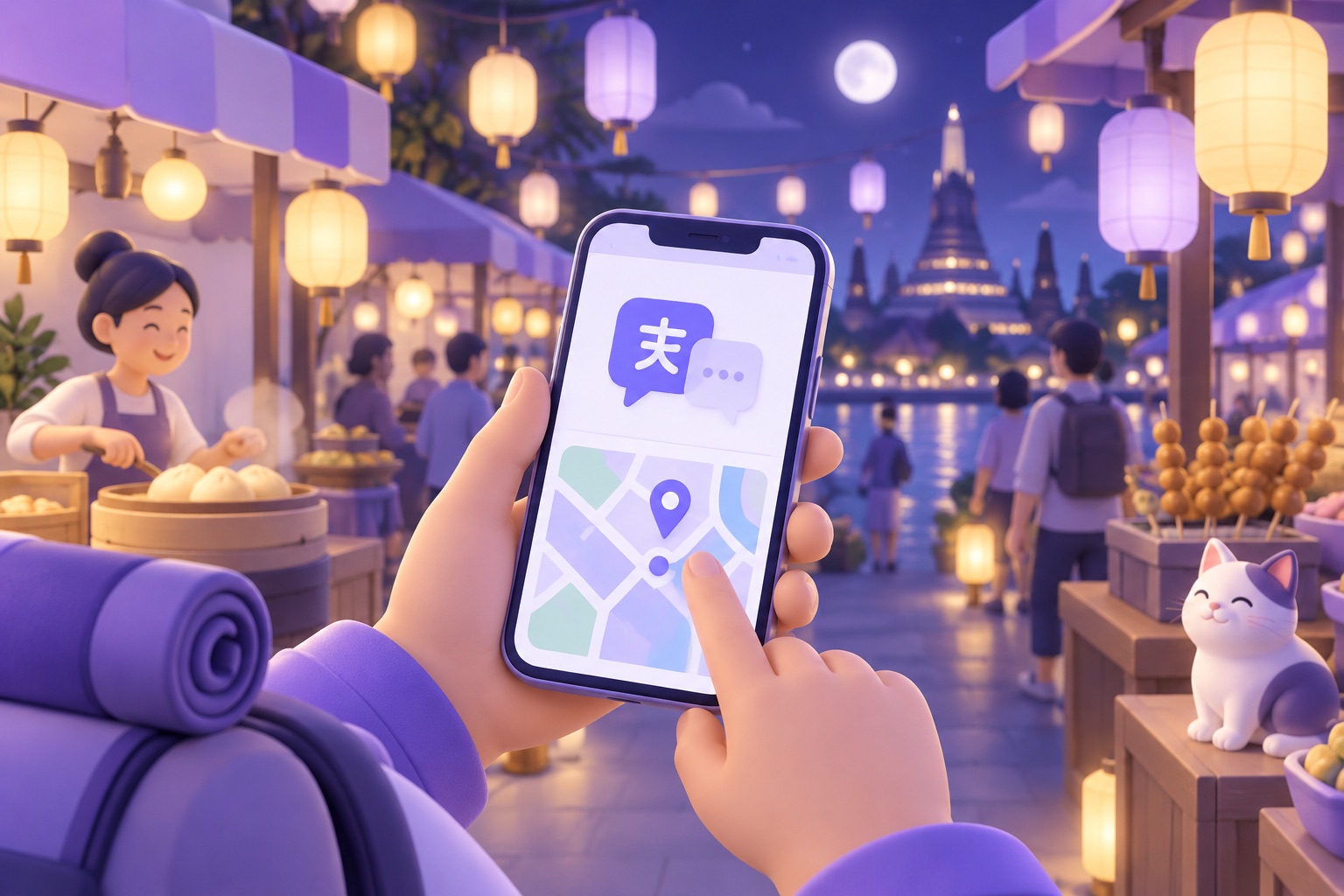 A night market scene with lanterns and a traveller's phone showing a translation app icon and a map
