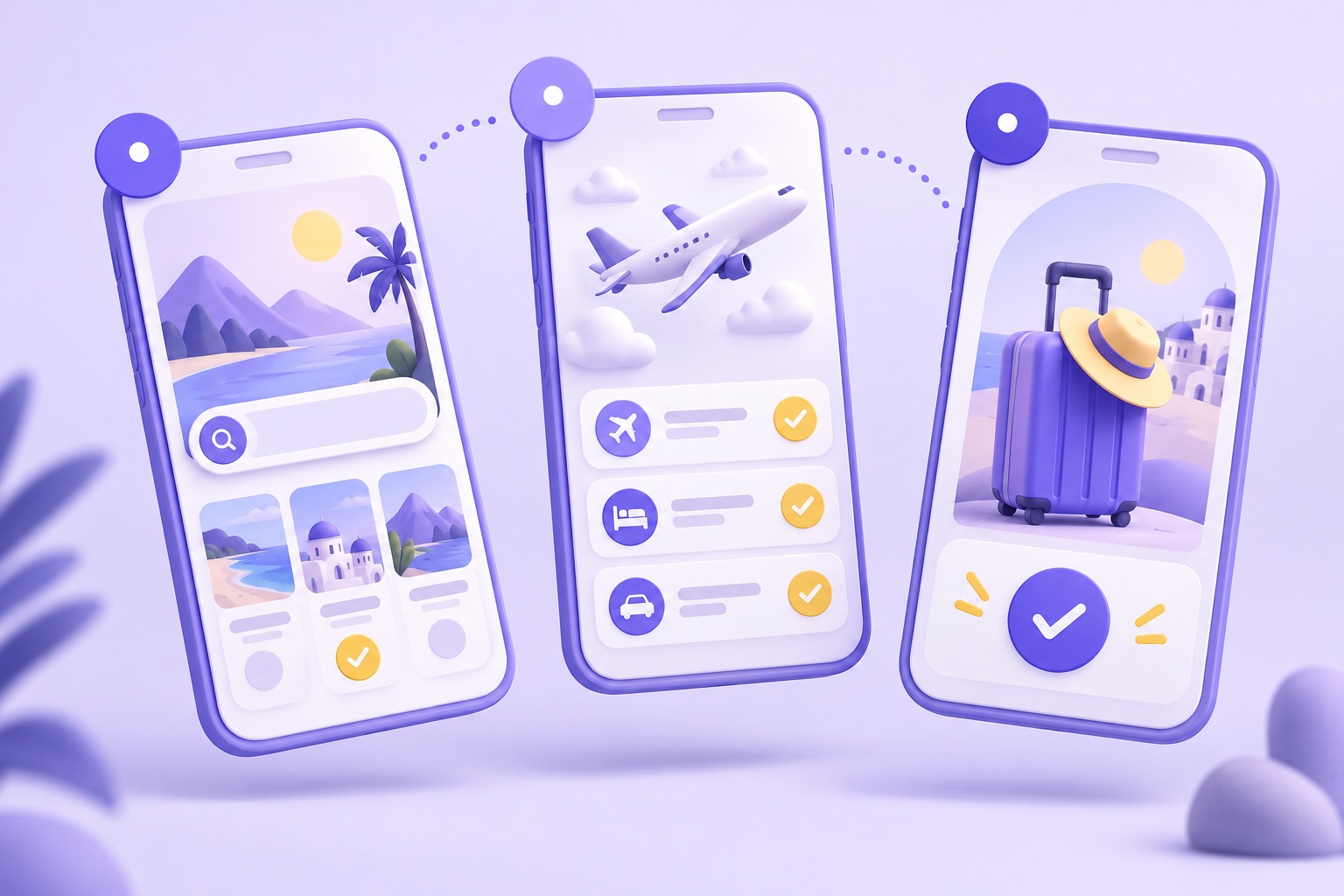 A step-by-step visual of three floating phone screens with numbered circle shapes and check marks