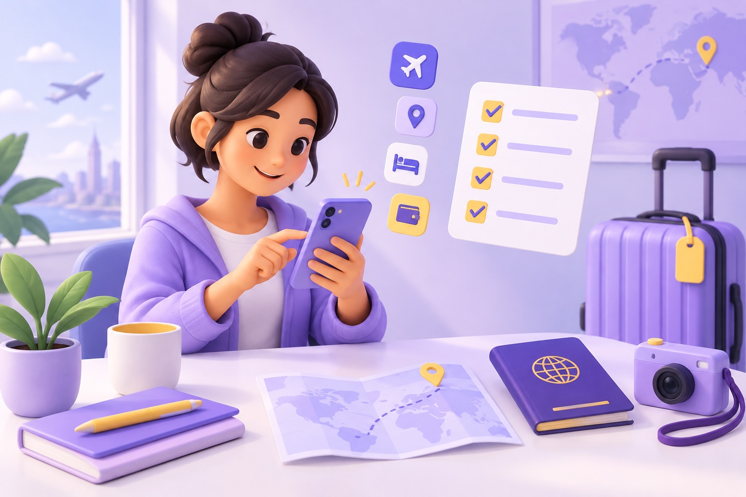 A traveller at a desk preparing apps on a phone before a trip