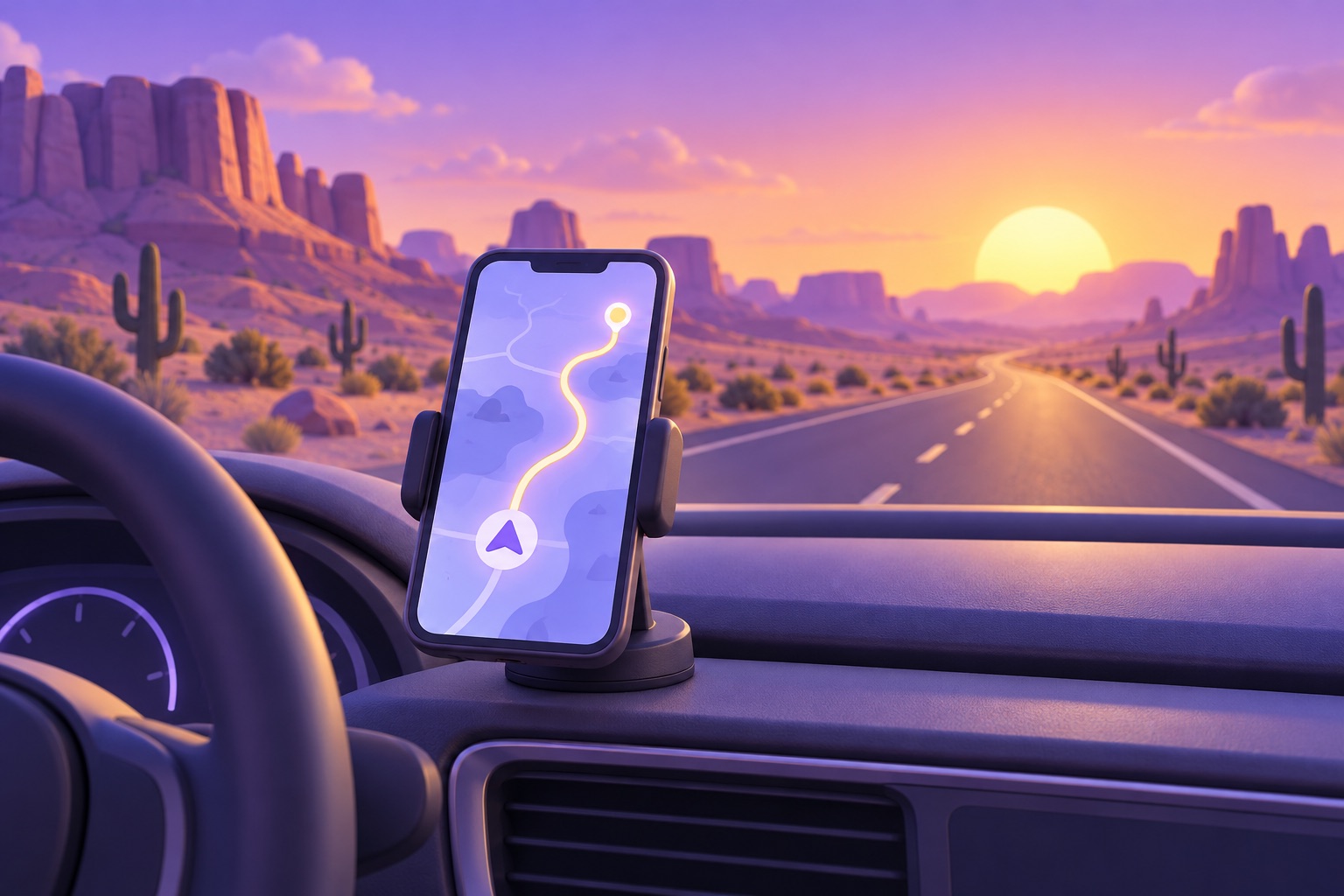 A phone on a car dashboard showing a map route on a US desert road trip