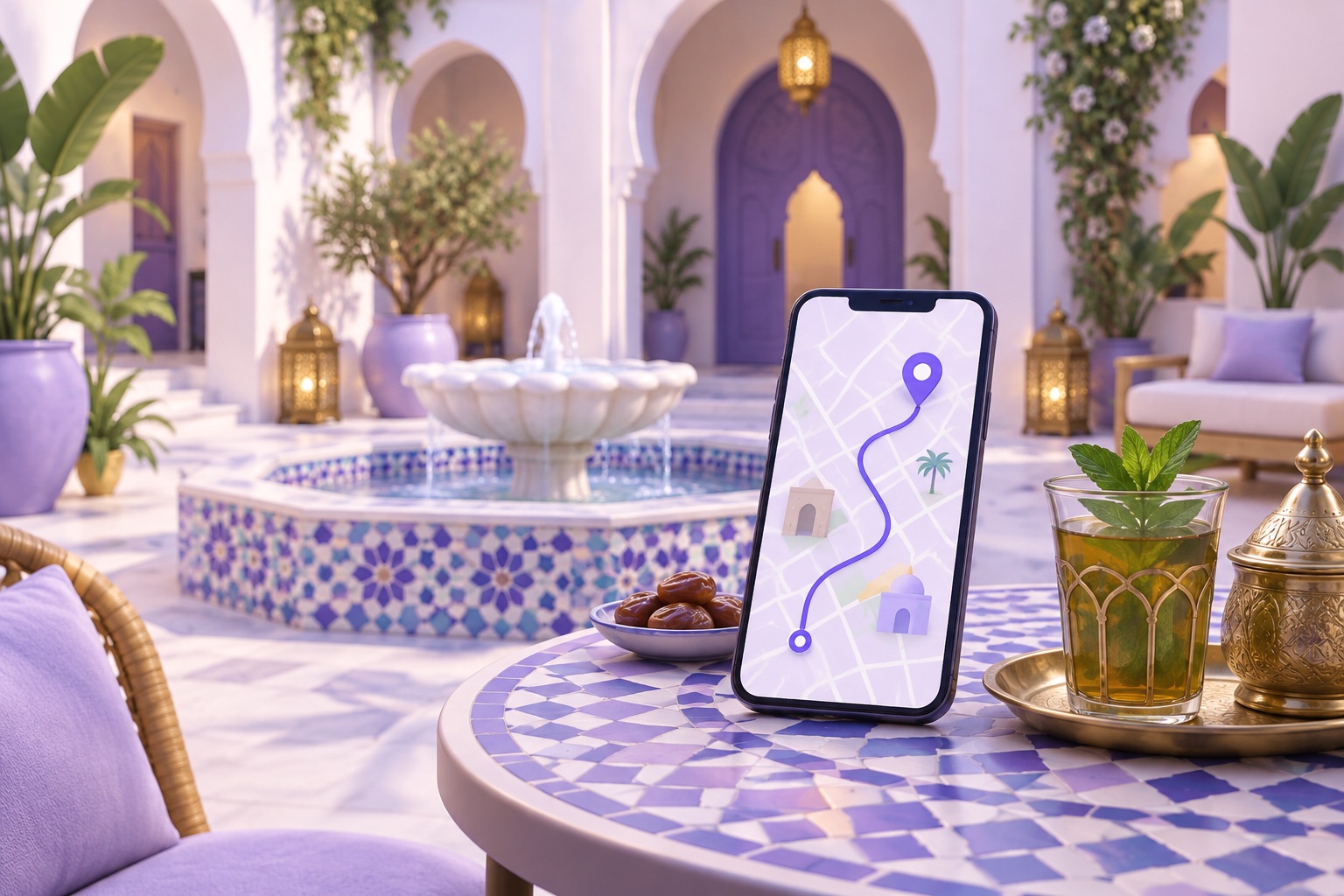 A riad courtyard with a fountain and mosaic tiles