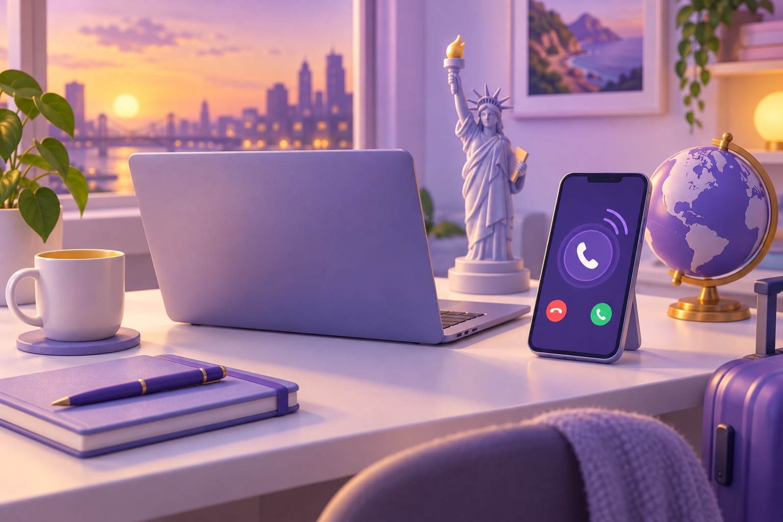 A home desk with a laptop and a phone receiving a call, with a Statue of Liberty figurine