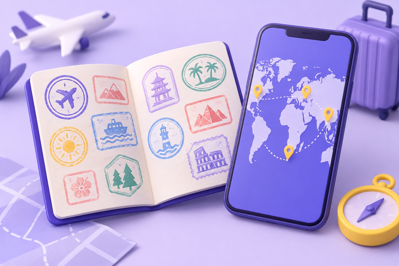 A passport with many colourful stamp shapes next to a phone showing a world map