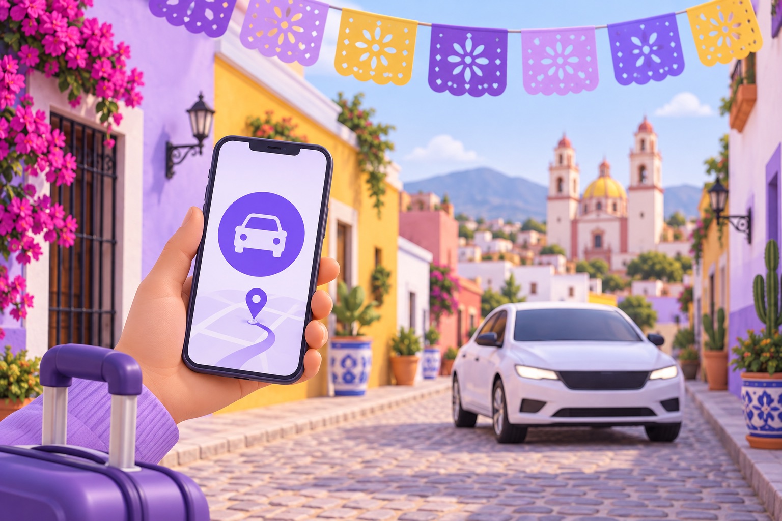 A colourful Mexican city street with papel picado-inspired bunting shapes
