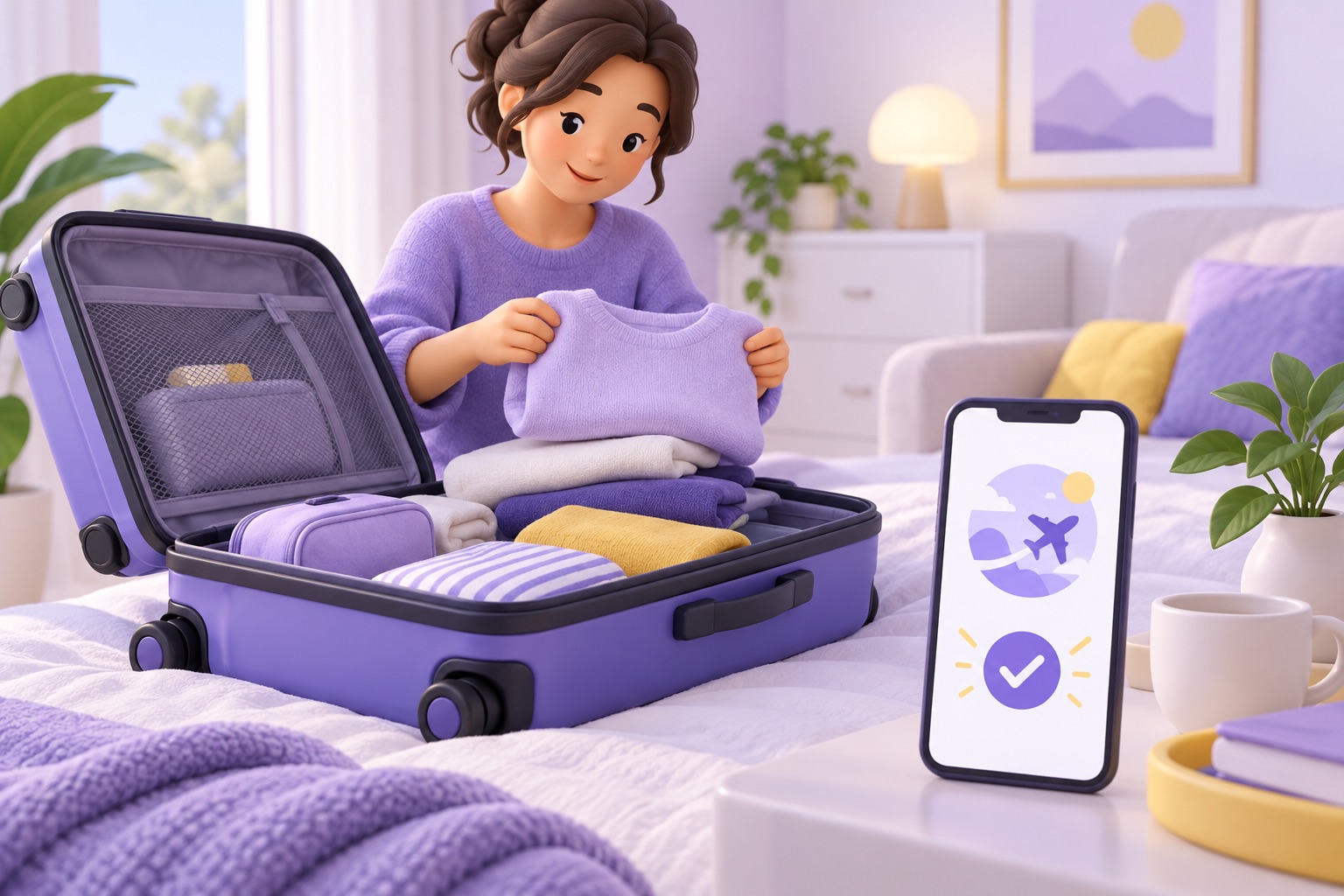 A suitcase being unpacked at home with a phone showing a completed-trip check mark