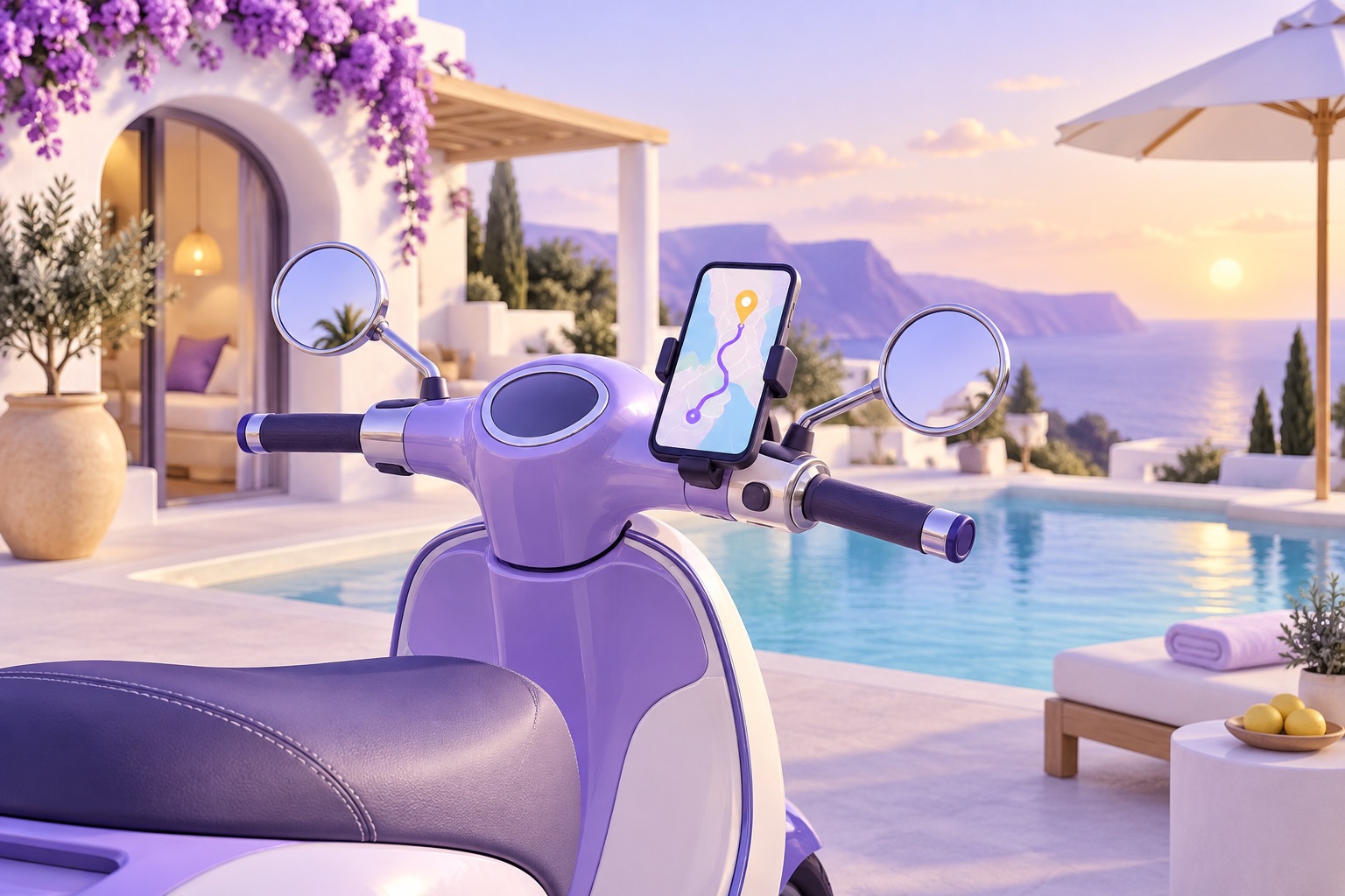 A scooter parked by a villa pool with a phone mounted on the handlebar showing a map route