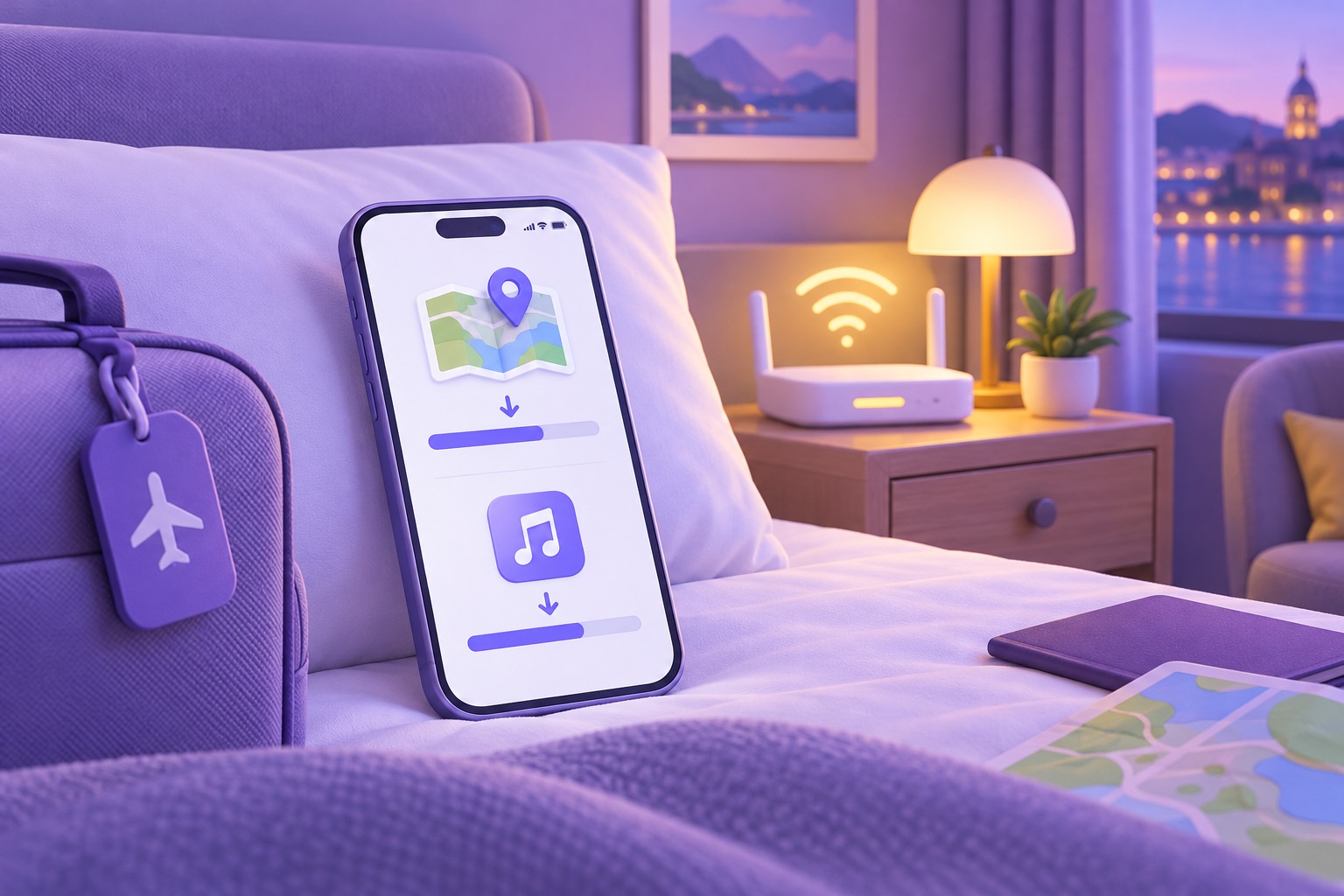 A phone downloading maps and music over hotel Wi-Fi